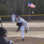 Soldotnas Matthew Schilling delivers to Kenai Central on Monday, April 28, 2025, at the Soldotna Little League fields in Soldotna, Alaska. (Photo by Jeff Helminiak/Peninsula Clarion)