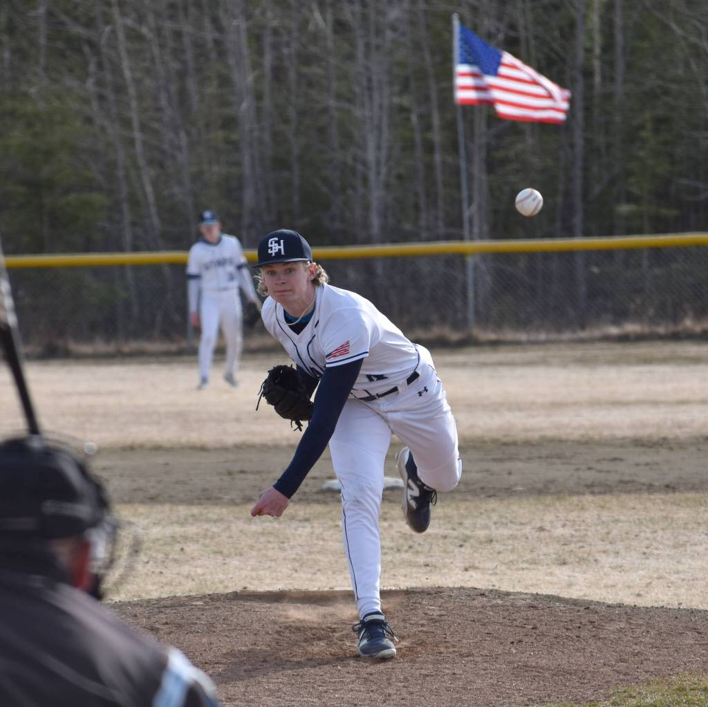 Soldotnas Matthew Schilling delivers to Kenai Central on Monday, April 28, 2025, at the Soldotna Little League fields in Soldotna, Alaska. (Photo by Jeff Helminiak/Peninsula Clarion)