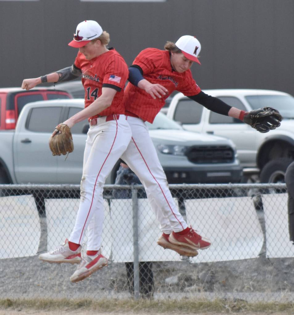 Kenais Centrals Jacob Joanis and Braden Smith celebrate a victory over Soldotna on Monday, April 28, 2025, at the Soldotna Little League fields in Soldotna, Alaska. (Photo by Jeff Helminiak/Peninsula Clarion)