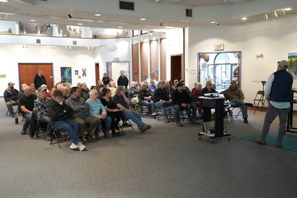 Leif Hammes, from the Chief Civil Works Project Management Section of the Army Corps of Engineers Alaska District, takes questions about the Kenai River Bluff Stabilization Project while giving an update on the project in Kenai, Alaska, on Wednesday, April 30, 2025. (Jake Dye/Peninsula Clarion)