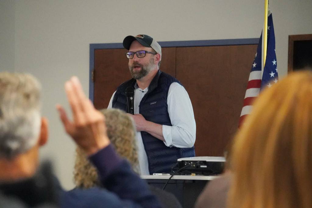 Leif Hammes, from the Chief Civil Works Project Management Section of the Army Corps of Engineers Alaska District, takes questions about the Kenai River Bluff Stabilization Project while giving an update on the project in Kenai, Alaska, on Wednesday, April 30, 2025. (Jake Dye/Peninsula Clarion)