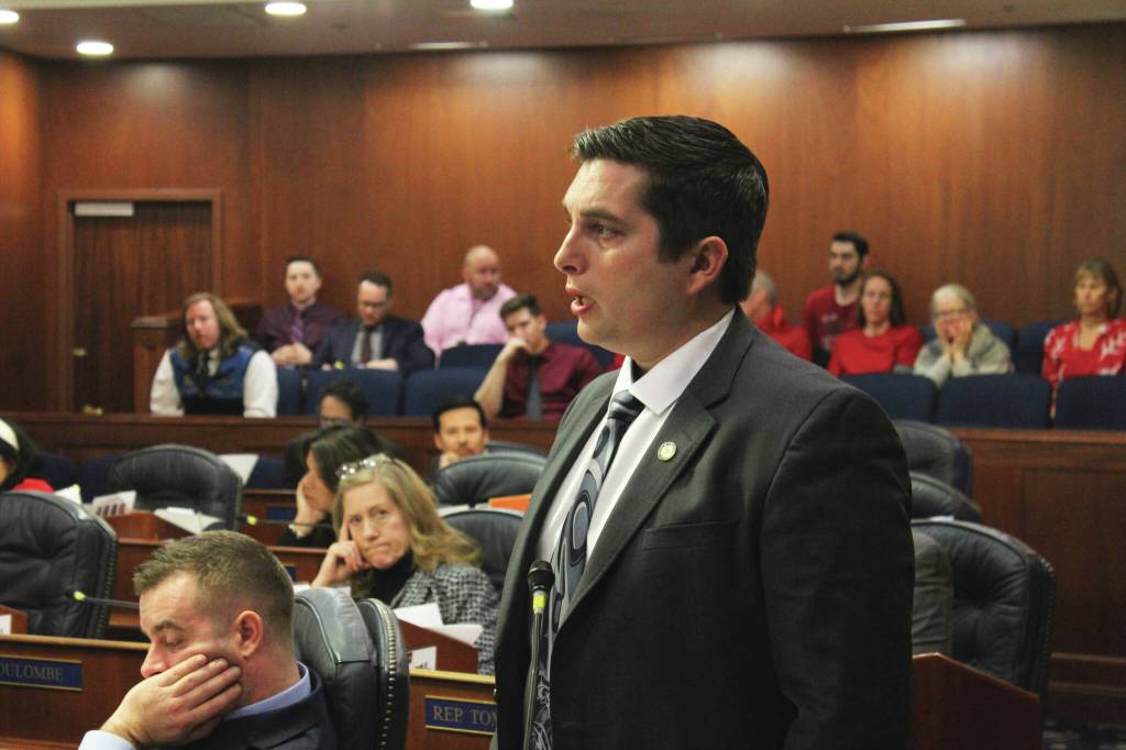 Rep. Justin Ruffridge, R-Soldotna, speaks in support of debating an omnibus education bill in the Alaska House Chambers on Monday, Feb. 19, 2024. in Juneau, Alaska. (Ashlyn OHara/Peninsula Clarion)