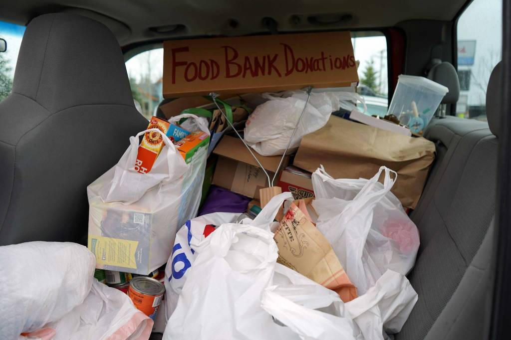 Food donated as part of a May Day protest fills the backseat of a truck alongside the Sterling Highway in Soldotna, Alaska, on Thursday, May 1, 2025. (Jake Dye/Peninsula Clarion)