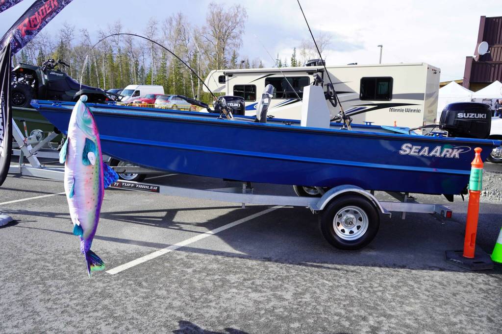 Boats are displayed for sale during the 38th Annual Kenai Peninsula Sport, Rec & Trade Show at the Soldotna Regional Sports Complex in Soldotna, Alaska, on Friday, May 2, 2025. (Jake Dye/Peninsula Clarion)