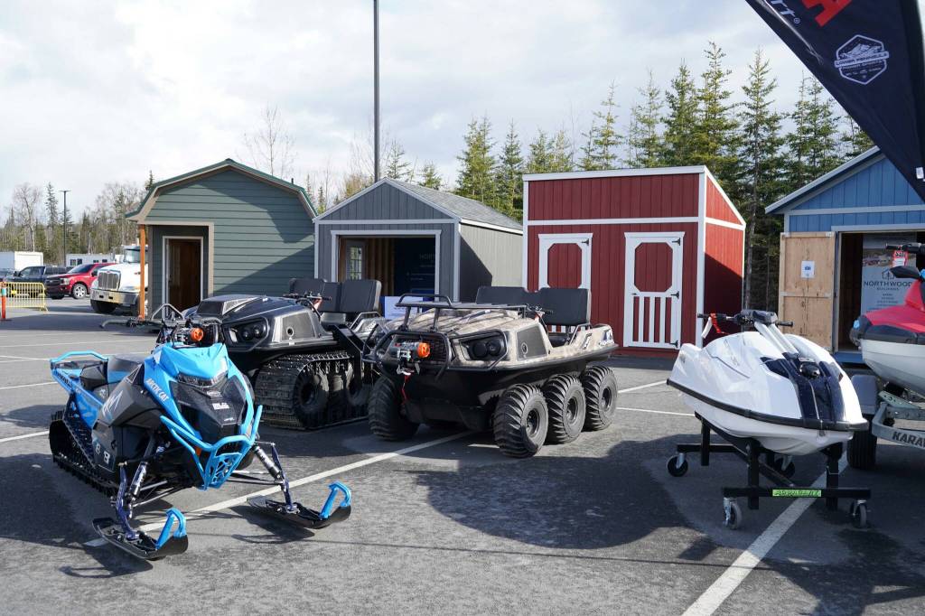 Snowmachines, ATVs, jet skis and sheds are all displayed for sale during the 38th Annual Kenai Peninsula Sport, Rec & Trade Show at the Soldotna Regional Sports Complex in Soldotna, Alaska, on Friday, May 2, 2025. (Jake Dye/Peninsula Clarion)