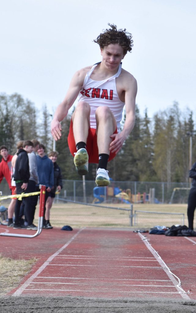 Kenais Aidan Jackman competes in the long jump at the SoHi Invite on Saturday, May 3, 2025, at Soldotna High School in Soldotna, Alaska. (Photo by Jeff Helminiak/Peninsula Clarion)