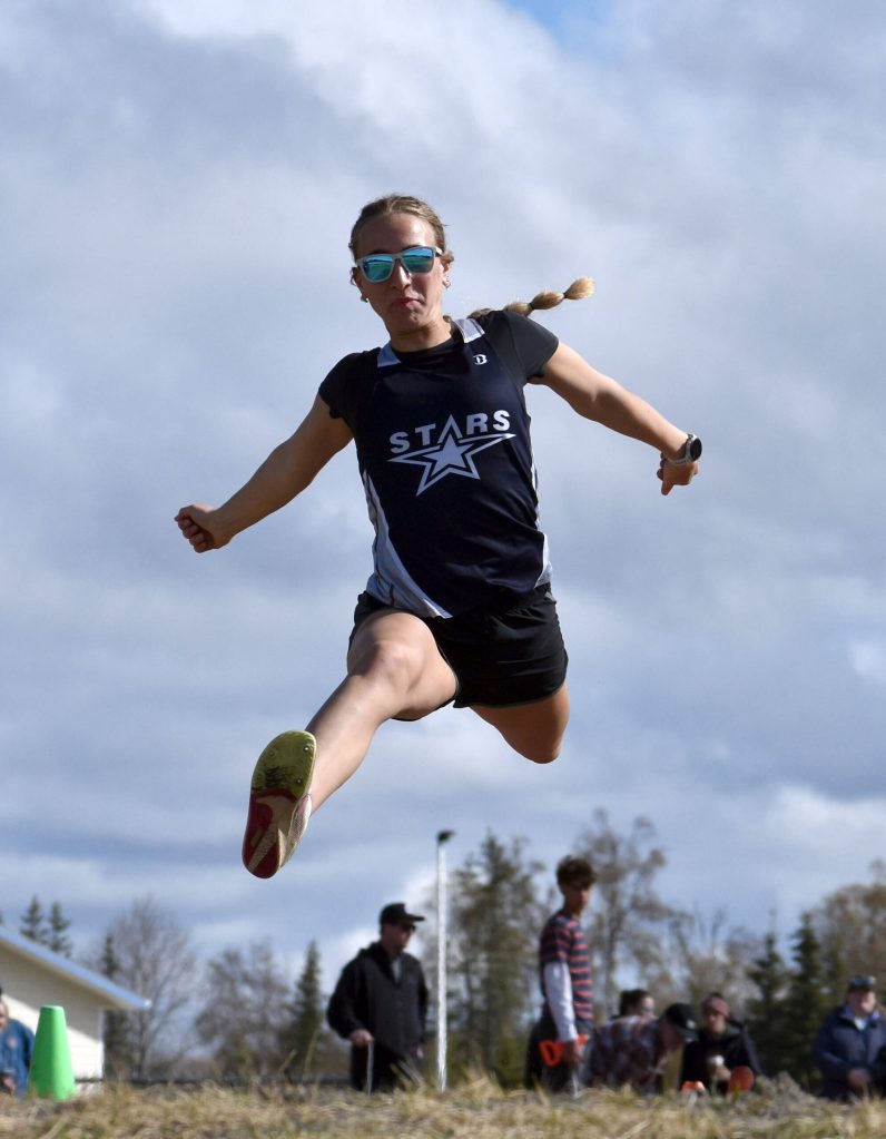 Soldotnas Kathryn DeBardelaben competes in the triple jump at the SoHi Invite on Saturday, May 3, 2025, at Soldotna High School in Soldotna, Alaska. (Photo by Jeff Helminiak/Peninsula Clarion)
