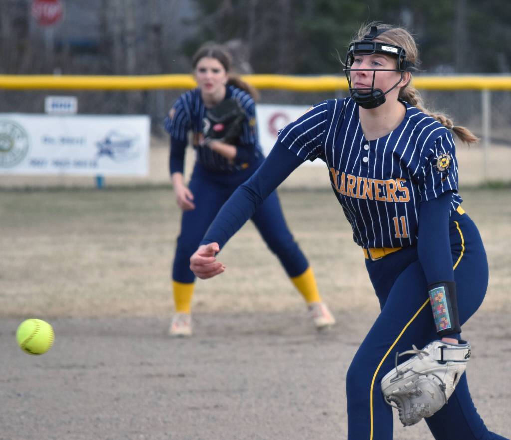 Homers Keagan Niebuhr delivers to Soldotna on Monday, May 5, 2025, at the Soldotna Little League fields in Soldotna, Alaska. (Photo by Jeff Helminiak/Peninsula Clarion)