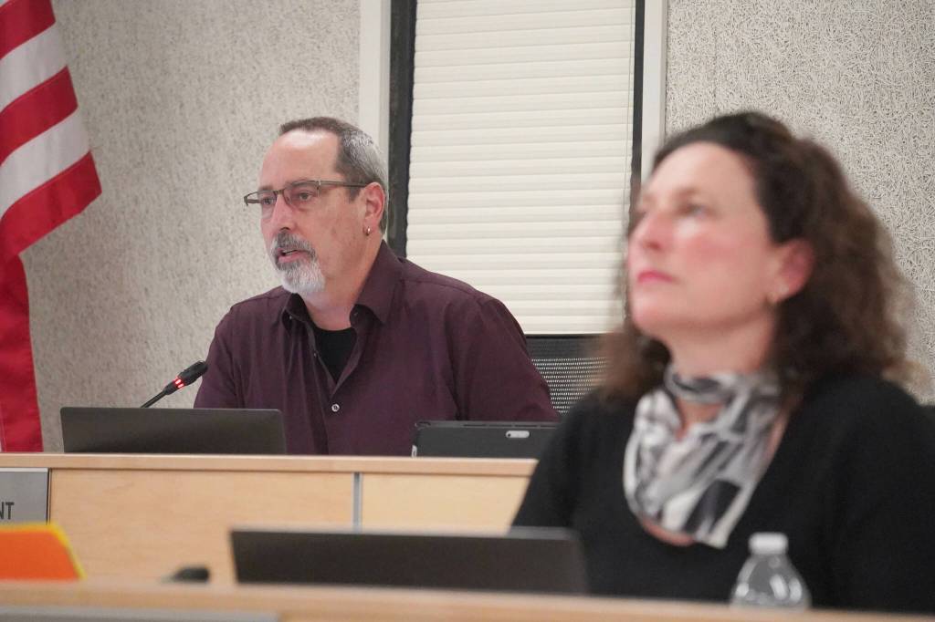 President Zen Kelly speaks during a meeting of the Kenai Peninsula Borough School Districts Board of Education in Soldotna, Alaska, on Monday, May 5, 2025. (Jake Dye/Peninsula Clarion)