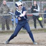 Soldotnas Izzy Jones hits the ball against Kenai Central on Tuesday, May 6, 2025, at the Soldotna Little League fields in Soldotna, Alaska. (Photo by Jeff Helminiak/Peninsula Clarion)