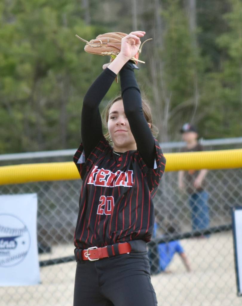 Kenai Centrals Love Carter-Hendriks makes a catch in right field Tuesday, May 6, 2025, at the Soldotna Little League fields in Soldotna, Alaska. (Photo by Jeff Helminiak/Peninsula Clarion)