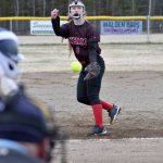 Kenai Centrals Lola McEwen delivers to Soldotna on Tuesday, May 6, 2025, at the Soldotna Little League fields in Soldotna, Alaska. (Photo by Jeff Helminiak/Peninsula Clarion)