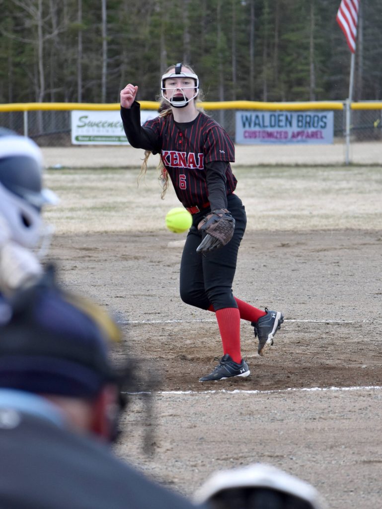 Kenai Centrals Lola McEwen delivers to Soldotna on Tuesday, May 6, 2025, at the Soldotna Little League fields in Soldotna, Alaska. (Photo by Jeff Helminiak/Peninsula Clarion)