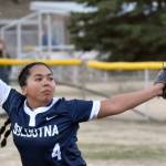 Soldotna's Isabelle Cruz delivers to Kenai Central on Tuesday, May 6, 2025, at the Soldotna Little League fields in Soldotna, Alaska. (Photo by Jeff Helminiak/Peninsula Clarion)