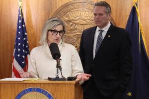 Alaska Department of Education and Early Development Commissioner Deena Bishop and Gov. Mike Dunleavy discuss his veto of an education bill during a press conference March 15, 2024, at the Alaska State Capitol. (Mark Sabbatini/Juneau Empire file photo)