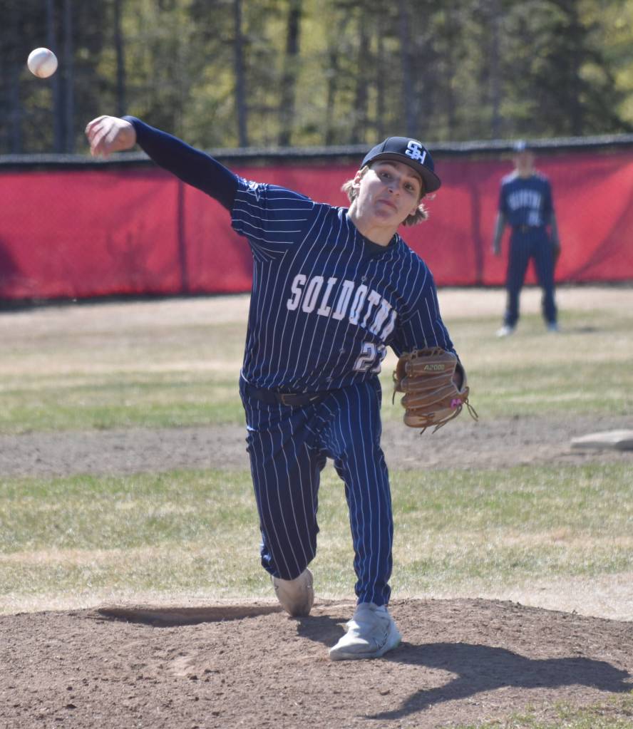 Soldotna's Trenton Ohnemus delivers to Kenai Central on Saturday, May 10, 2025, at Kenai Little League fields in Kenai, Alaska. (Photo by Jeff Helminiak/Peninsula Clarion)