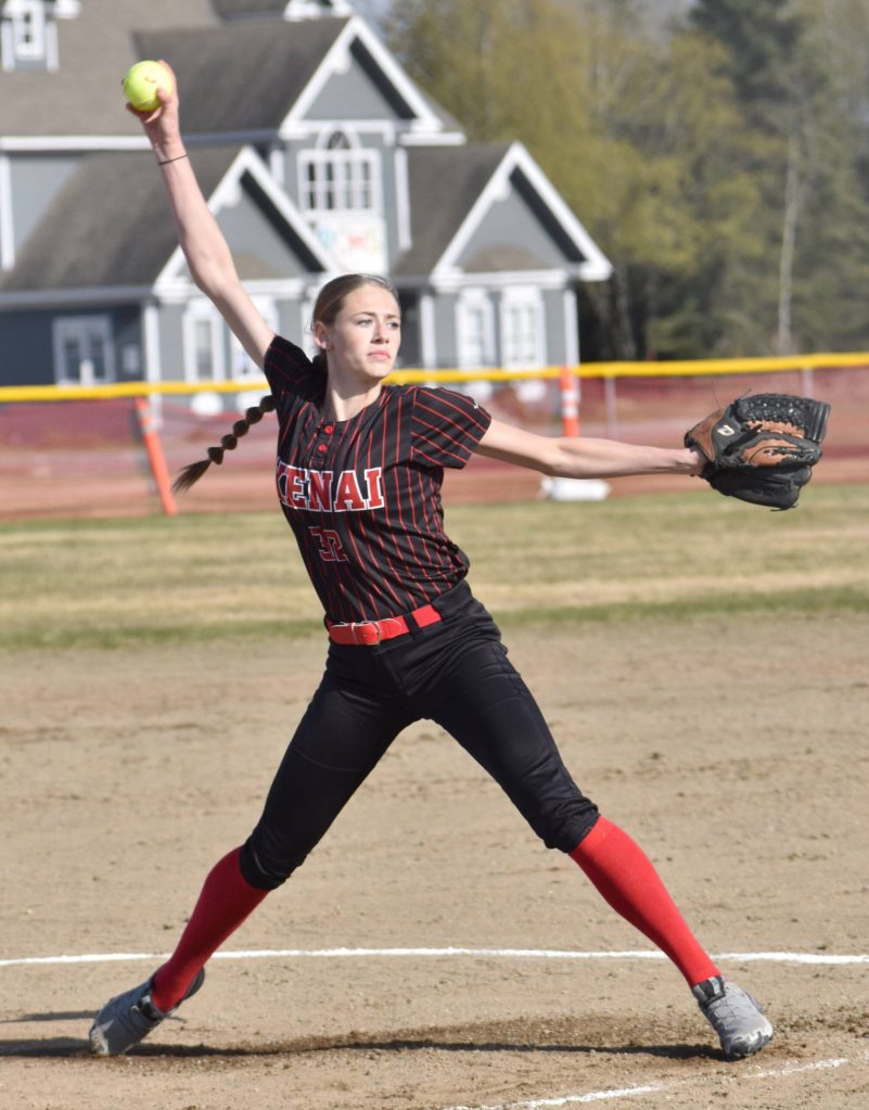 Kenai Centrals Blakeley Jorgensen delivers to Soldotna on Tuesday, May 13, 2025, at the Steve Shearer Memorial Ball Park in Kenai, Alaska. (Photo by Jeff Helminiak/Peninsula Clarion)