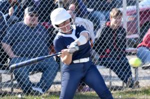Soldotna's Isabella Gares hits against Kenai Central on Tuesday, May 13, 2025, at the Steve Shearer Memorial Ball Park in Kenai, Alaska. (Photo by Jeff Helminiak/Peninsula Clarion)