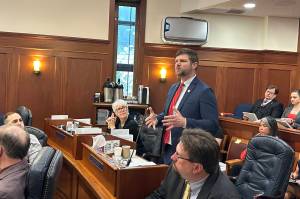 Sen. Jesse Bjorkman, R-Nikiski, speaks in support overriding Gov. Mike Dunleavys veto of House Bill 69 at the Alaska Capitol in Juneau, Alaska, on Tuesday, April 22, 2025. (Mark Sabbatini/Juneau Empire)