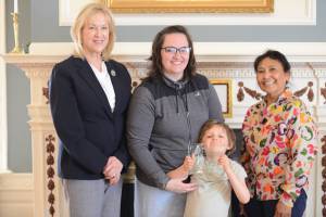 Ash-Lee Waddell (center) of Homer is one of six recipients of the 2025 First Ladys Volunteer Award at the Governors Residence in Juneau, Alaska, on May 13, 2025. Photo courtesy of the Office of the Governor