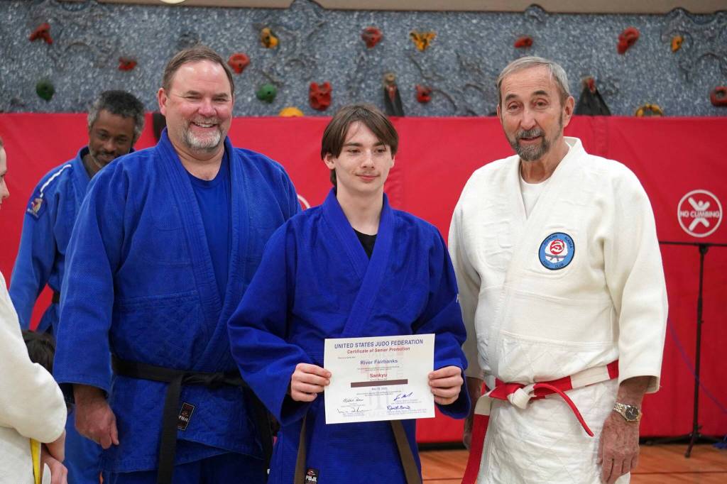 River Fairbanks is recognized for his promotion to senior brown belt at the Sterling Judo Clubs end of season awards night at Sterling Elementary School in Sterling, Alaska, on Thursday, May 15, 2025. (Jake Dye/Peninsula Clarion)