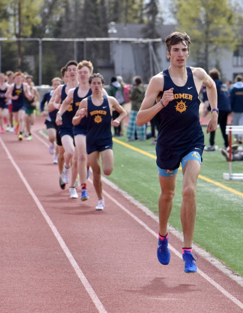 Homers Johannes Bynagle gaps the field in the 1,600-meter run Saturday, May 17, 2025, at the Kenai Peninsula Borough meet at Ed Hollier Field at Kenai Central High School in Kenai, Alaska. (Photo by Jeff Helminiak/Peninsula Clarion)