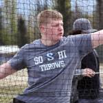 Soldotnas Theo Huff competes in the discus Saturday, May 17, 2025, at the Kenai Peninsula Borough meet at Ed Hollier Field at Kenai Central High School in Kenai, Alaska. (Photo by Jeff Helminiak/Peninsula Clarion)