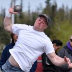 Soldotnas Luke Miller wins the shot put Saturday, May 17, 2025, at the Kenai Peninsula Borough meet at Ed Hollier Field at Kenai Central High School in Kenai, Alaska. (Photo by Jeff Helminiak/Peninsula Clarion)