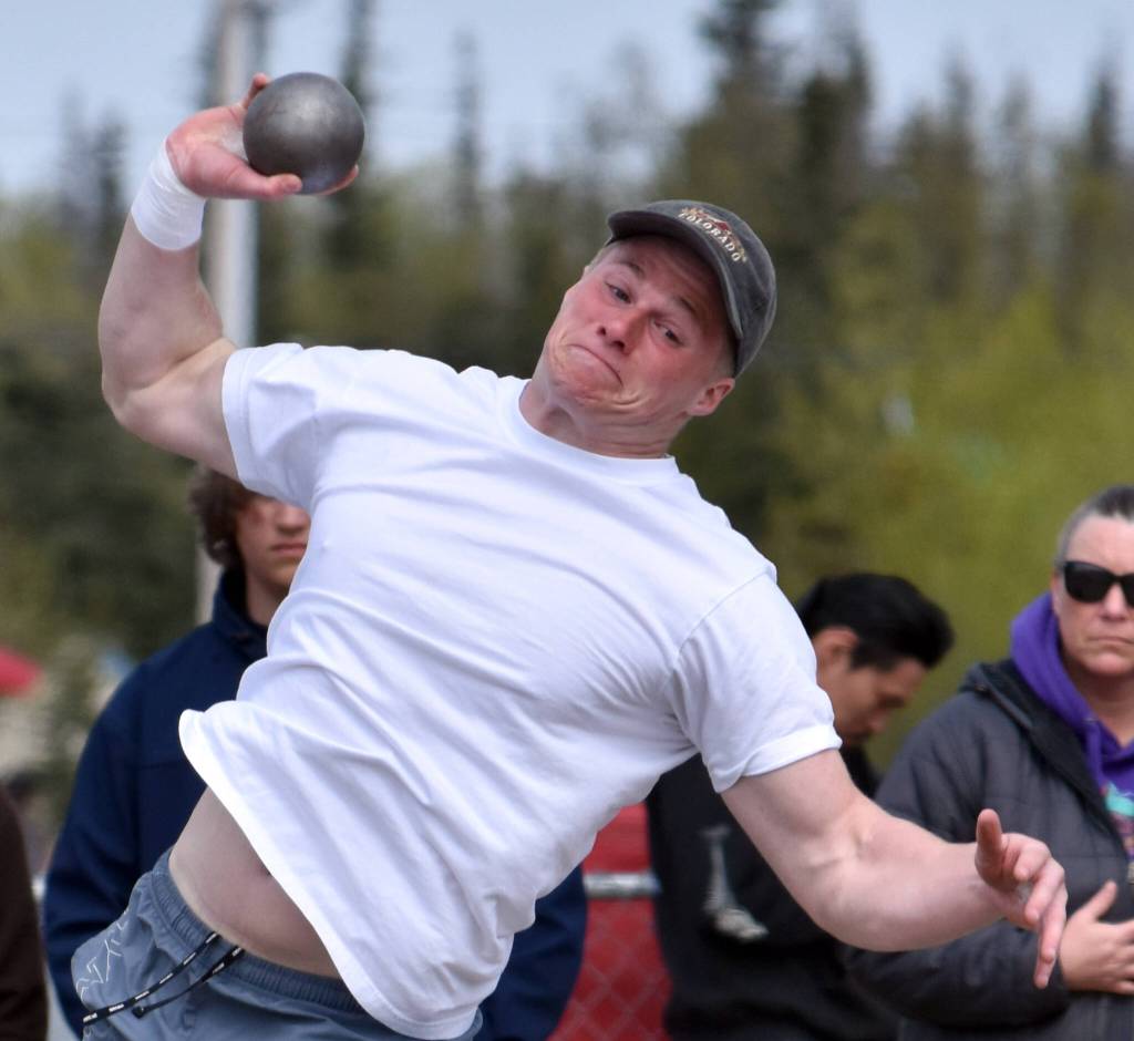 Soldotnas Luke Miller wins the shot put Saturday, May 17, 2025, at the Kenai Peninsula Borough meet at Ed Hollier Field at Kenai Central High School in Kenai, Alaska. (Photo by Jeff Helminiak/Peninsula Clarion)