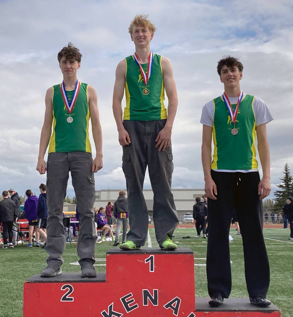 Seward swept the high jump podium, with Olin Liljemark in first, Luke Elhard in second and Van Shank in third, on Saturday, May 17, 2025, at the Kenai Peninsula Borough meet at Ed Hollier Field at Kenai Central High School in Kenai, Alaska. (Photo by Jeff Helminiak/Peninsula Clarion)