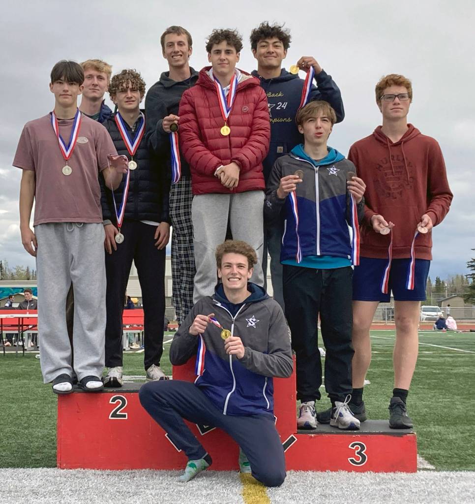 Soldotnas 400-meter relay of Brenden Jones, Tyce Escott and Lokeni Wong (left to right, center top) and James Innes (bottom) broke the school record Saturday, May 17, 2025, at the Kenai Peninsula Borough meet at Ed Hollier Field at Kenai Central High School in Kenai, Alaska. (Photo by Jeff Helminiak/Peninsula Clarion)
