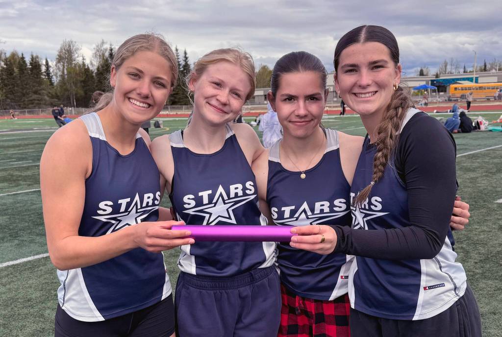 Soldotnas 400-meter relay of Sarah Brown, Sophia Jedlicki, Shiloh Zichko and Anaulie Sedivy broke the school record Saturday, May 17, 2025, at the Kenai Peninsula Borough meet at Ed Hollier Field at Kenai Central High School in Kenai, Alaska. (Photo by Jeff Helminiak/Peninsula Clarion)