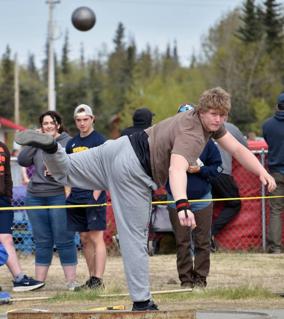 Nikiskis Rex Wittmer competes in the shot put Saturday, May 17, 2025, at the Kenai Peninsula Borough meet at Ed Hollier Field at Kenai Central High School in Kenai, Alaska. (Photo by Jeff Helminiak/Peninsula Clarion)