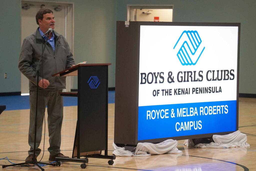 Kenai Vice Mayor Henry Knackstedt speaks during a ribbon-cutting event for the Boys and Girls Clubs of the Kenai Peninsulas Royce and Melba Roberts Campus in Kenai, Alaska, on Saturday, May 17, 2025. (Jake Dye/Peninsula Clarion)