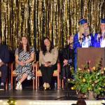 Brightly Thoning and Beatrix McDonough deliver their valedictorian and salutatorian address during the 2025 Homer High School graduation ceremony on Wednesday, May 21, 2025, in the Alice Witte Gymnasium. (Chloe Pleznac/Homer News)
