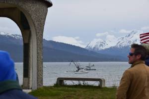 Boats gather offshore the Homer Spit in honor of the 2025 Blessing of the Fleet on Tuesday, May 20 at the Seafarers Memorial on the Homer Spit. (Chloe Pleznac/Homer News)