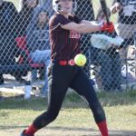 Kenai Centrals Caitlyn Crapps hits the ball against Palmer on Friday, May 23, 2025, at Steve Shearer Memorial Ball Park in Kenai, Alaska. (Photo by Jeff Helminiak/Peninsula Clarion)