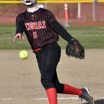 Kenai Centrals Lola McEwen delivers a pitch to Palmer in the first game of a doubleheader Friday, May 23, 2025, at Steve Shearer Memorial Ball Park in Kenai, Alaska. (Photo by Jeff Helminiak/Peninsula Clarion)