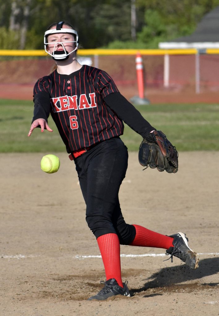 Kenai Centrals Lola McEwen delivers a pitch to Palmer in the first game of a doubleheader Friday, May 23, 2025, at Steve Shearer Memorial Ball Park in Kenai, Alaska. (Photo by Jeff Helminiak/Peninsula Clarion)