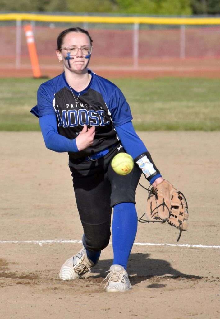 Palmers Abby Paddock delivers a pitch to Kenai Central on Friday, May 23, 2025, at Steve Shearer Memorial Ball Park in Kenai, Alaska. (Photo by Jeff Helminiak/Peninsula Clarion)