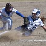 Soldotnas Aliya Blough gets back to first ahead of the tag of Palmers Rylei Doyle on Saturday, May 24, 2025, at the Soldotna Little League fields in Soldotna, Alaska. (Photo by Jeff Helminiak/Peninsula Clarion)