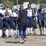 Soldotna celebrates a home run by Tatum Cooper (far right) on Saturday, May 24, 2025, at the Soldotna Little League fields in Soldotna, Alaska. (Photo by Jeff Helminiak/Peninsula Clarion)