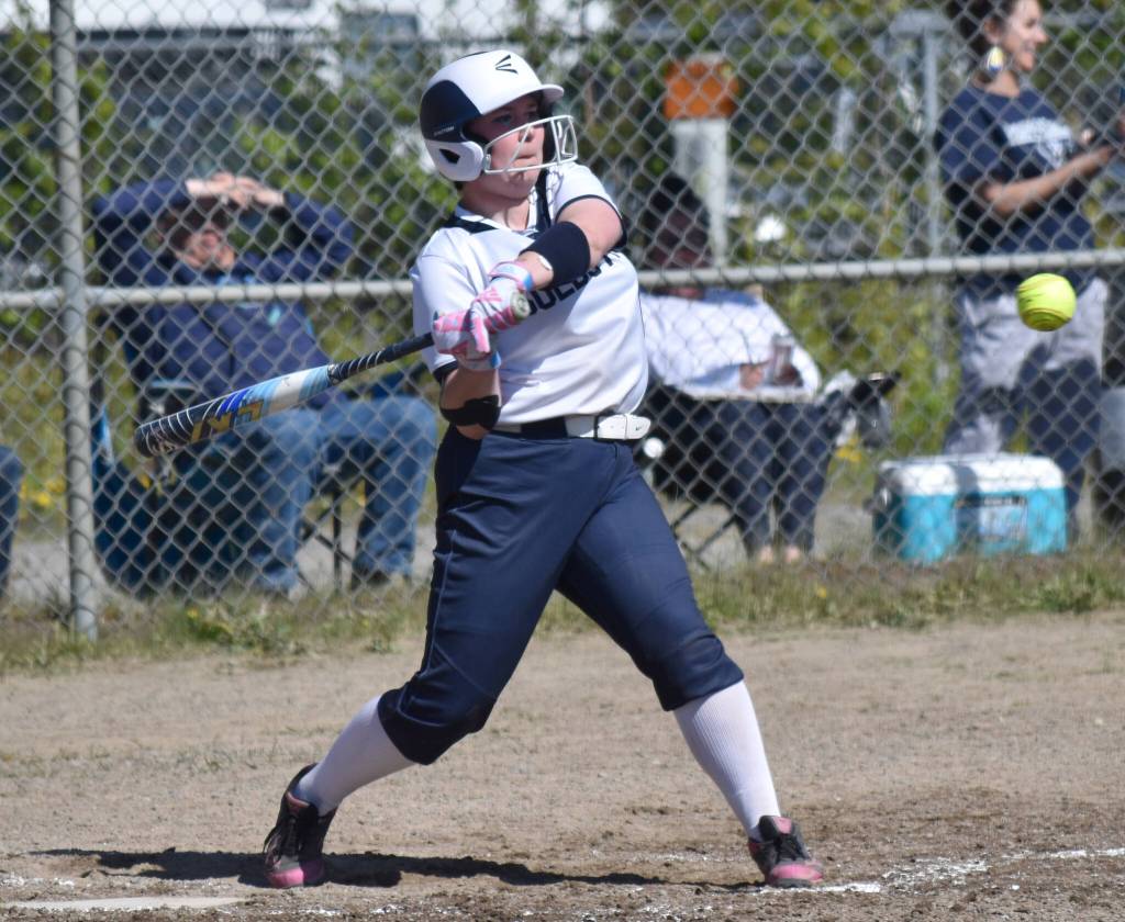 Soldotnas Lilly Dawley bats against Palmer on Saturday, May 24, 2025, at the Soldotna Little League fields in Soldotna, Alaska. (Photo by Jeff Helminiak/Peninsula Clarion)