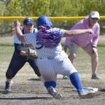 Soldotnas Alyssa McDonald tags out Palmers Kylie Oatman on Saturday, May 24, 2025, at the Soldotna Little League fields in Soldotna, Alaska. (Photo by Jeff Helminiak/Peninsula Clarion)