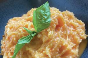 This sweet and tangy roasted spaghetti squash dish includes blended tomato and goat cheese sauce. (Photo by Tressa Dale/Peninsula Clarion)