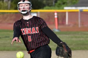 Kenai Central's Lola McEwen delivers a pitch to Palmer in the first game of a doubleheader Friday, May 23, 2025, at Steve Shearer Memorial Ball Park in Kenai, Alaska. (Photo by Jeff Helminiak/Peninsula Clarion)