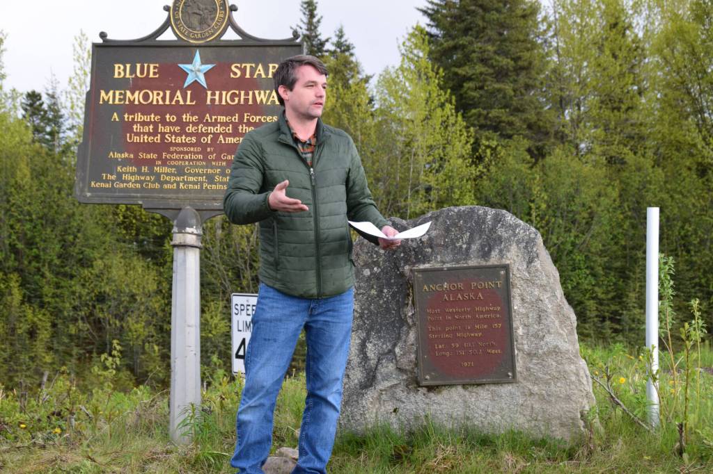 Anchor Point Chamber of Commerce President Dawson Slaughter thanks the sponsors and donors who helped to install the new Most Westerly Highway Point sign in Anchor Point, Alaska, on Tuesday, May 27, 2025. (Delcenia Cosman/Homer News)