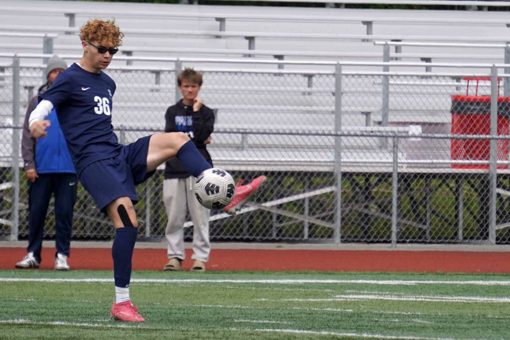 Soldotnas Simon Willets kicks the ball during the final match of the ASAA Division II Boys Soccer Championship at Wasilla High School in Wasilla, Alaska, on Saturday, May 31, 2025. (Jake Dye/Peninsula Clarion)