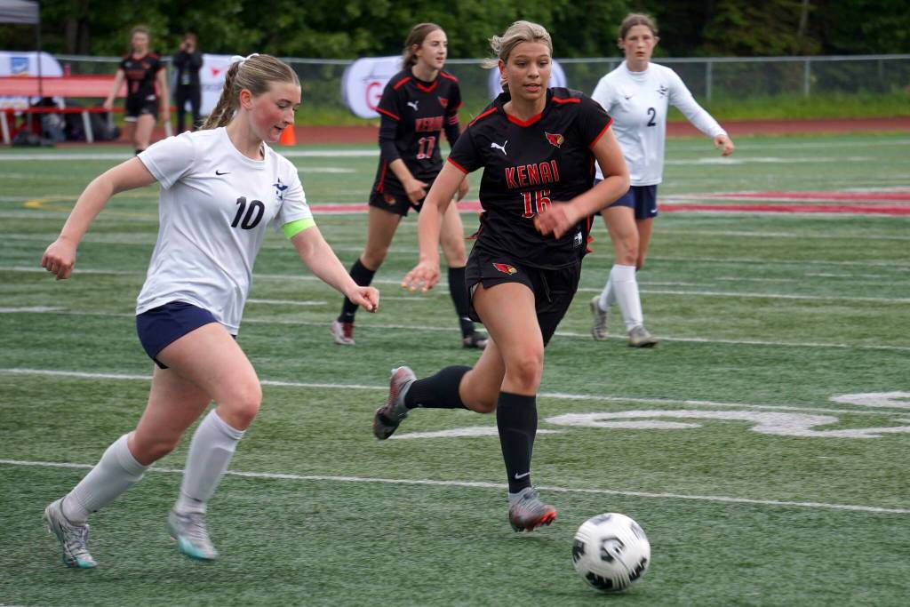 Soldotnas Kendra Rose and Kenais Katie Johnson battle for the ball during the final match of the ASAA Division II Girls Soccer Championship at Wasilla High School in Wasilla, Alaska, on Saturday, May 31, 2025. (Jake Dye/Peninsula Clarion)