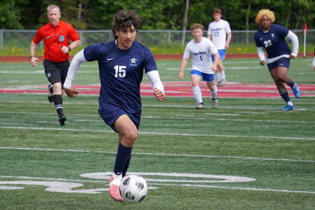 Soldotnas Harold Rudstrom moves with the ball during the final match of the ASAA Division II Boys Soccer Championship at Wasilla High School in Wasilla, Alaska, on Saturday, May 31, 2025. (Jake Dye/Peninsula Clarion)